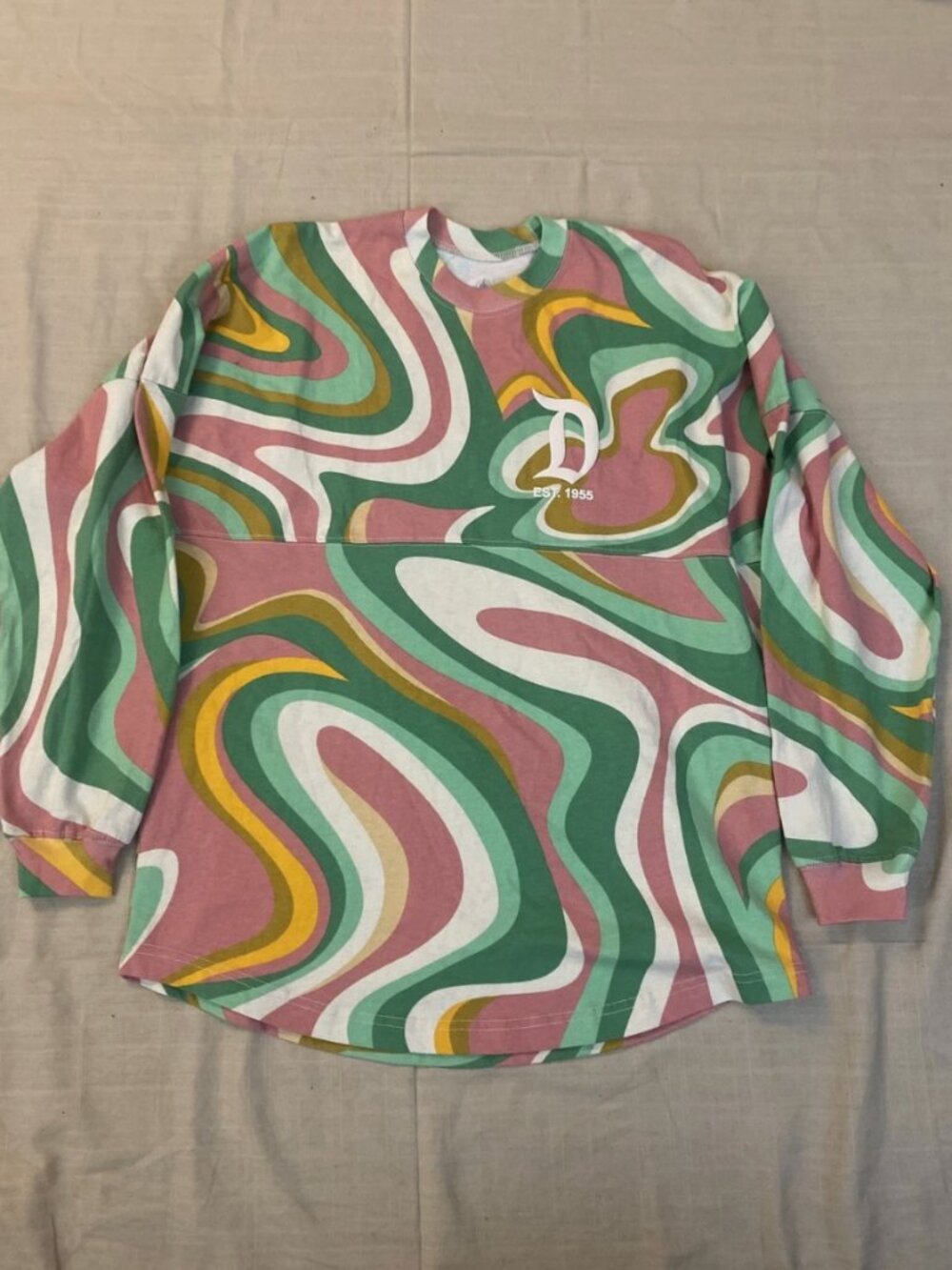 Disney Resort Unisex Size Small S Long Sleeve Swirl Spirit Jersey Top Green Pink